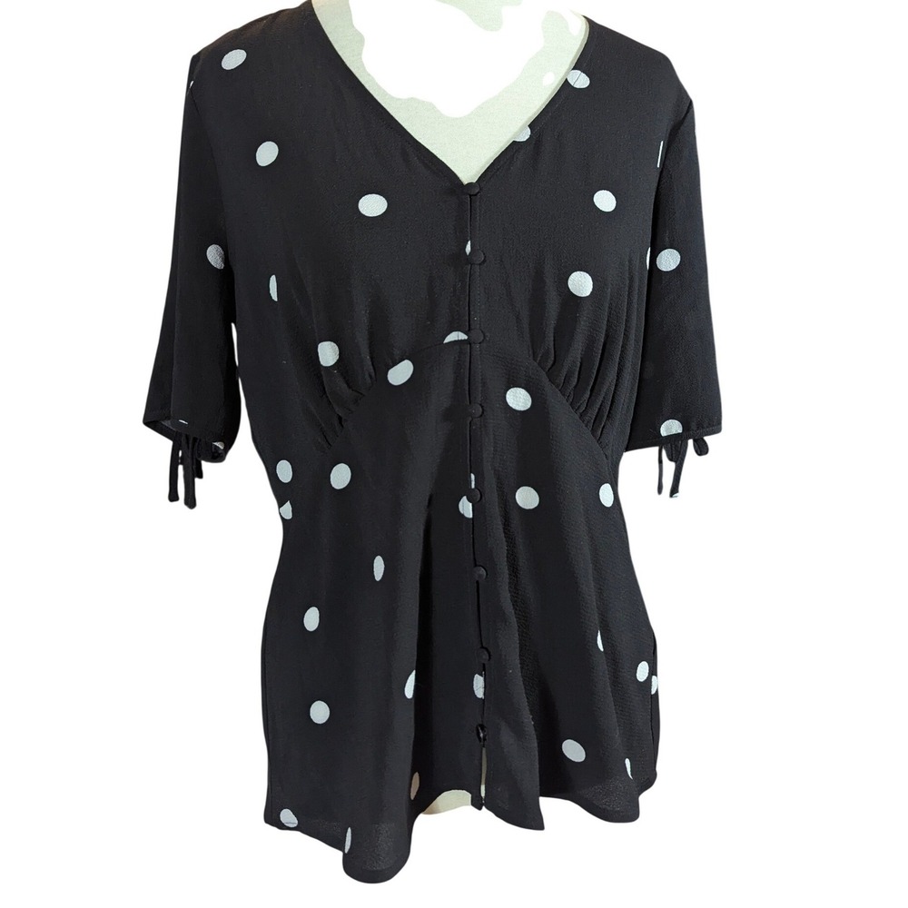 Vince Camuto Blouse Womens S Black White Polka Dot Button Tie Sleeve Peplum